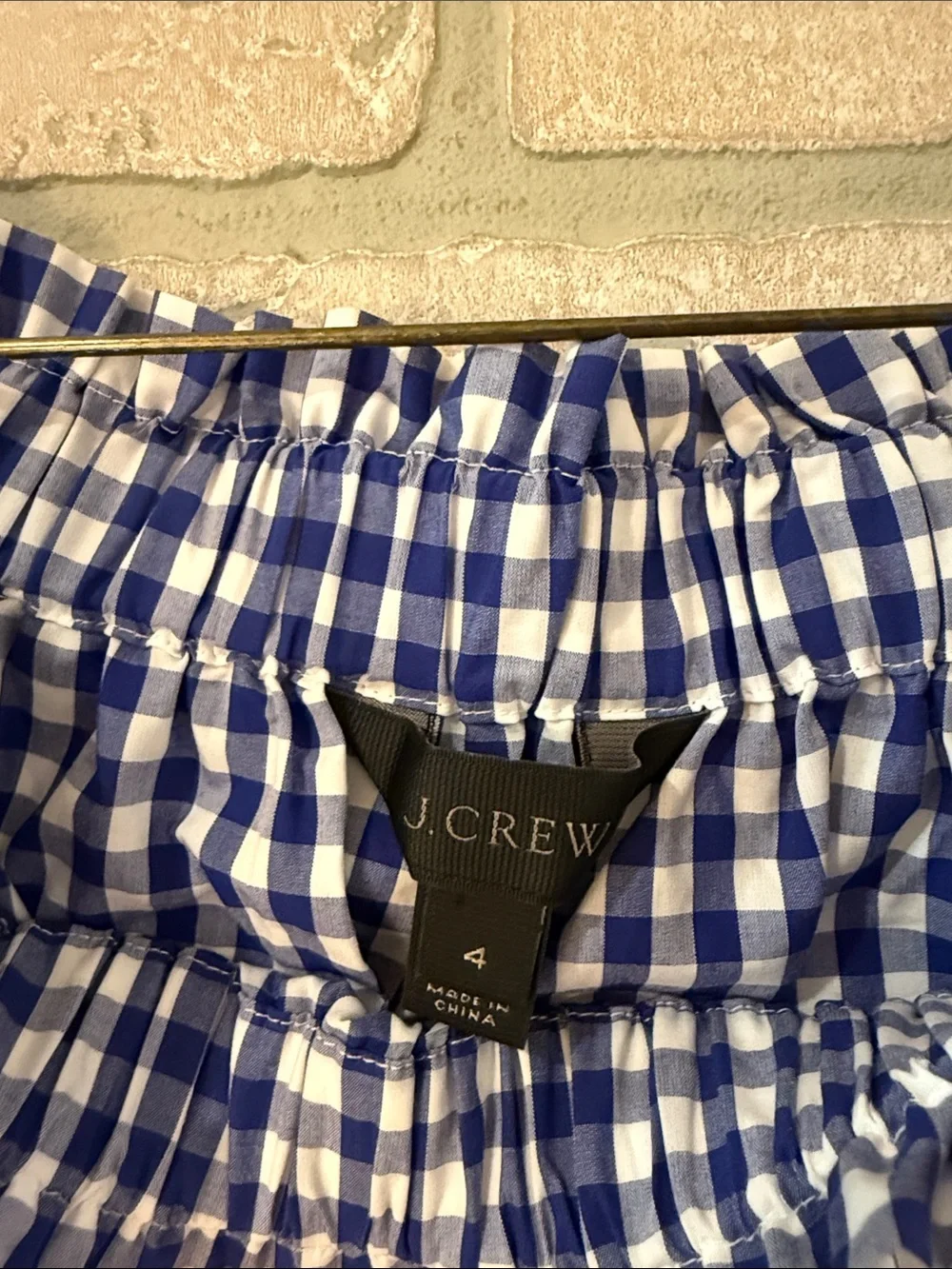 J. Crew Blue Gingham 100% Cotton Off-Shoulder Tie-Sleeve Crop Top